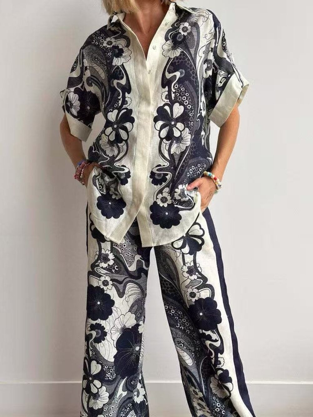 Zimmermann Floral Paisley Wide-Leg Pants & Tunic Set Black & Cream